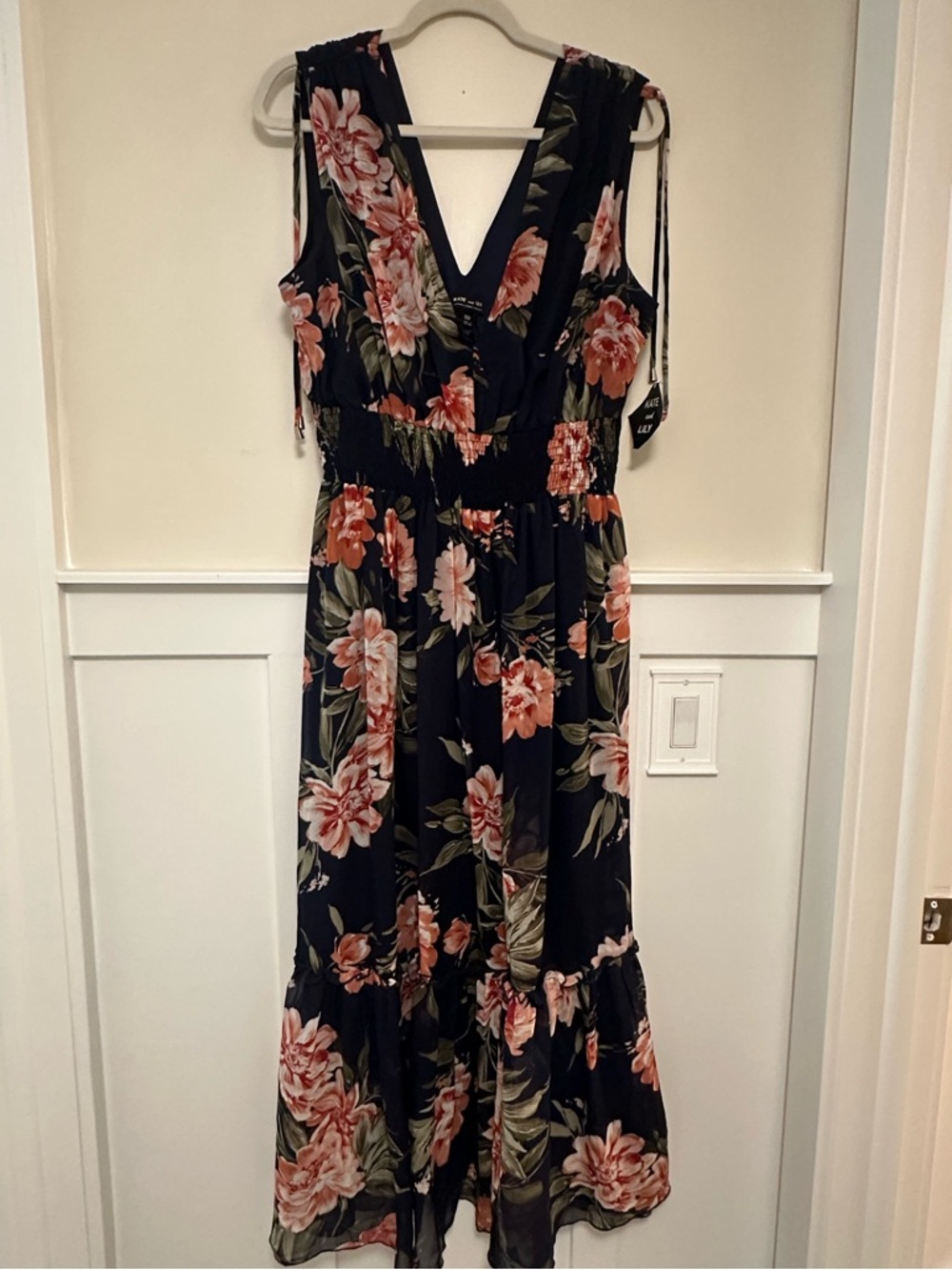 Navy Blue Floral V-Neck Maxi Dress with Coral Pink Blooms